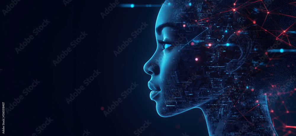 Poster digital human profile with neural network connections and glowing elements