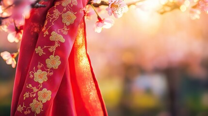 Red Scarf with Golden Embroidery on Cherry Blossom Branch, Symbolizing Youth and Renewal in Spring
