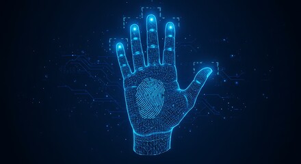 A digital blue hand with a fingerprint scan on a dark background with glowing particles around it