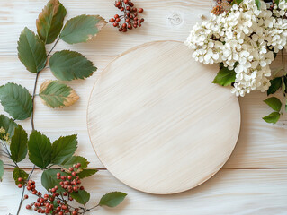 Top View Round Wooden Tray Mockup with Autumn Berries on Rustic Wood Background