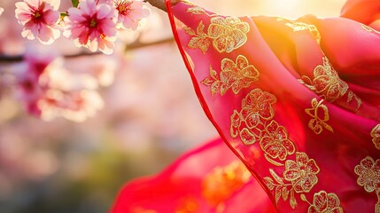 Red Scarf with Golden Embroidery on Cherry Blossom Branch, Symbolizing Youth and Renewal in Spring
