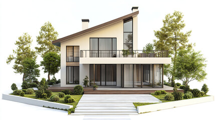 Fototapeta premium Modern residential house with large windows and sloped roof, surrounded by trees