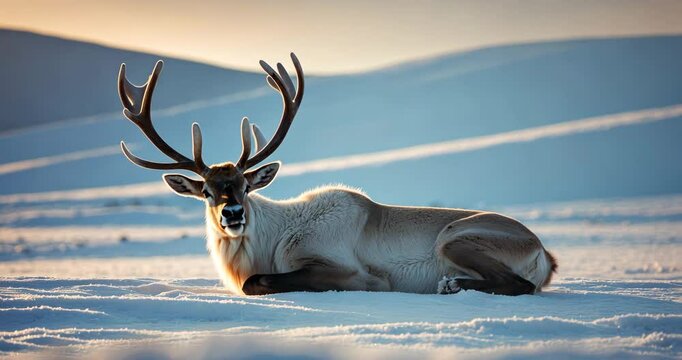 Beautiful Arctic reindeer with large antlers resting on the snow in sunset light.