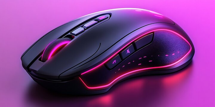 A modern black computer mouse with vibrant purple and pink lights