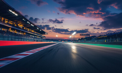 Obraz premium Racetrack at dusk with vibrant sky, illuminated grandstands, and reflective asphalt