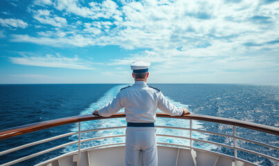 Cruise ship captain overlooking ocean, serene blue waters, clear sky, ship's wake visible, maritime scene