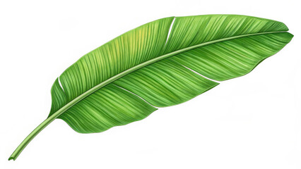 A large, vibrant green banana leaf with prominent veins and a smooth texture, displayed against a white background. The leaf is elongated with a slight curve, showcasing its natural beauty and rich.