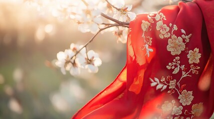 Red Scarf with Golden Embroidery on Cherry Blossom Branch, Symbolizing Youth and Renewal in Spring

