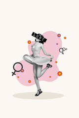 Art image vertical photo collage of happy lesbian girl dance taped eyes flower bloom gender symbol freedom transgender concept