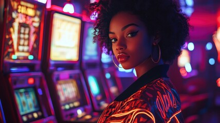 Obraz premium Vibrant nightlife with neon casino ambiance and stylish woman. Casino retro arcade game room