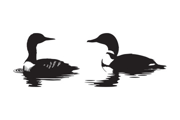 Black Silhouette of Two Loons on Water Wildlife Bird Vector Art