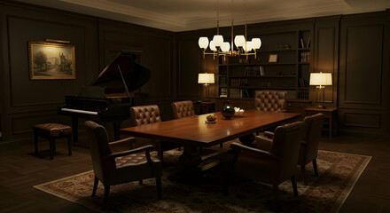 Elegant Formal Dining Room With Piano And Bookshelf