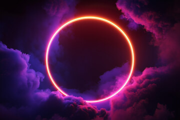 3D Render of Abstract Cloud with Neon Light Ring Against Dark Night Sky, Glowing Geometric Frame