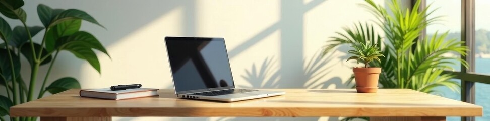 Bright minimalist workspace, natural light  Desk, plant, laptop , aesthetic, desk setup