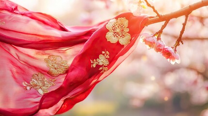 Red Scarf with Golden Embroidery on Cherry Blossom Branch, Symbolizing Youth and Renewal in Spring
