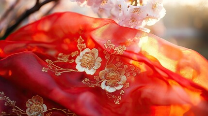 Red Scarf with Golden Embroidery on Cherry Blossom Branch, Symbolizing Youth and Renewal in Spring
