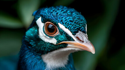 Obraz premium Closeup of a Peacock's Head with Teal and Blue Feathers