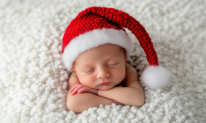 Sleeping baby in Santa hat, cozy white blanket, peaceful expression, holiday spirit, adorable infant, soft textures