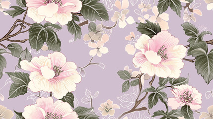 Embroidered with light pink flowers and green leaves on a light gray background, texture close up