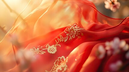 Red Scarf with Golden Embroidery on Cherry Blossom Branch, Symbolizing Youth and Renewal in Spring
