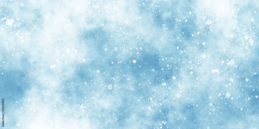 Wall mural shiny and glowing abstract snow is falling on cloudy background, light blue bokeh background for des