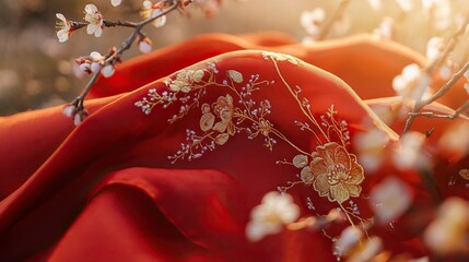 Red Scarf with Golden Embroidery on Cherry Blossom Branch, Symbolizing Youth and Renewal in Spring
