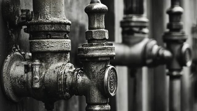 Detailed close-up view of metal pipes and valves in an industrial setting highlighting wear and age