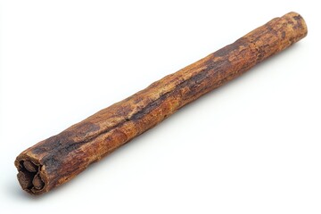 A single cinnamon stick on a plain white background appears isolated