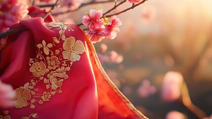 Red Scarf with Golden Embroidery on Cherry Blossom Branch, Symbolizing Youth and Renewal in Spring
