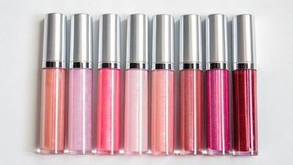 Obraz premium A row of eight lip gloss tubes arranged horizontally on a light background. The tubes have silver caps and clear bases, revealing a gradient of colors from light peach and pink to deeper shades