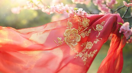 Red Scarf with Golden Embroidery on Cherry Blossom Branch, Symbolizing Youth and Renewal in Spring
