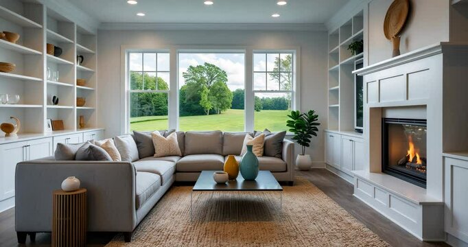 Beautifully Decorated Living Room Interior in New Residence. Includes Built-In Shelving and Cabinets, as well as a Fireplace and Hardwood Flooring.