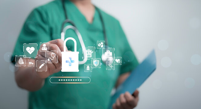Healthcare security concept with digital lock, symbolizing data privacy and protection in medical technology. Ensuring secure access to patient information and compliance with modern cybersecurity