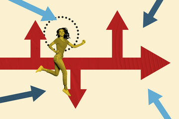 Creative artwork design 3D collage sketch of young woman run many arrow show different direction...