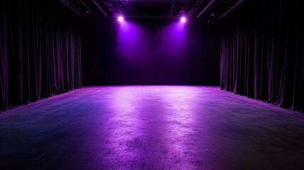 Empty stage with eerie purple lighting and sparse Halloween decor for an upcoming event. A modern indoor stage featuring subtle Halloween props and a single spotlight.