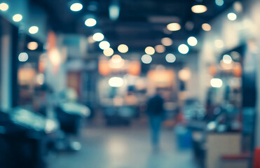 Blurry view of a barber shop interior with lights and a person walking in the background scene today