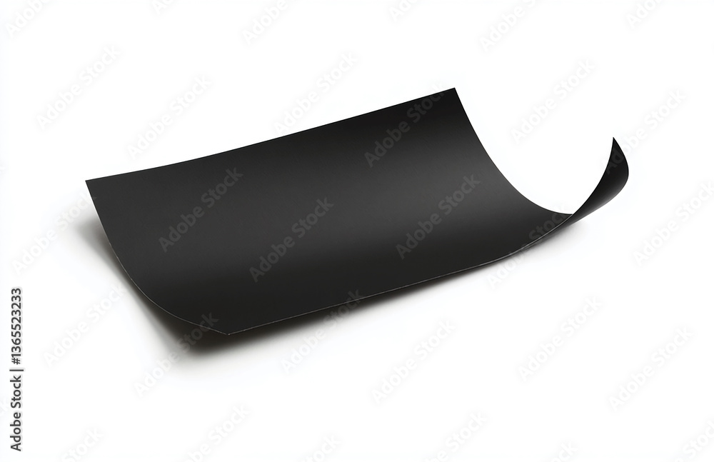 Poster a black flexible sheet with a curled edge resting on a white surface in a studio environment