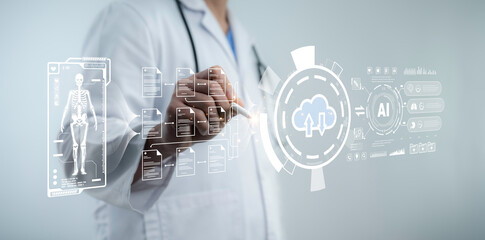 Medical professional interacting with futuristic AI cloud system for secure digital health record storage and smart patient data analysis