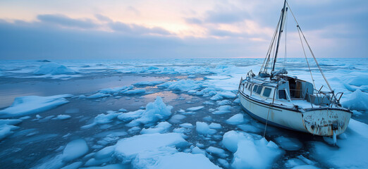 Fototapeta premium Abandoned boat on icy waters at dawn, surrounded by floating icebergs and a serene sky, evoking a sense of isolation and tranquility.
