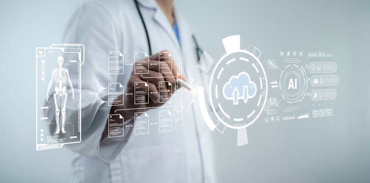 Medical professional interacting with futuristic AI cloud system for secure digital health record storage and smart patient data analysis