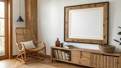 Fototapeta premium Cozy minimalist living room interior with natural wood elements, wicker chair, bookshelves, and blank frame for artwork or mockup.
