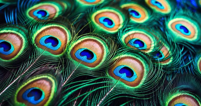 Close-up of vibrant peacock feathers as a backdrop, overhead view.