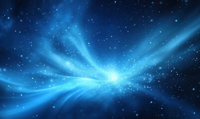 Cosmic blue abstract background with glowing stars and light trails, depicting vast universe, deep space, and celestial phenomena.