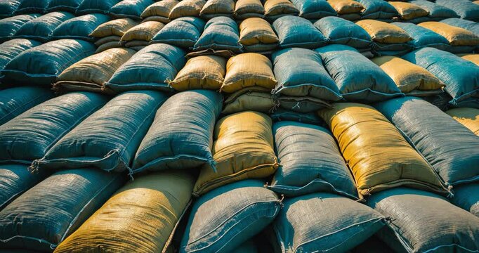 Close-up view of many sandbags organized in tidy rows, displaying differences in texture and color. Appropriate for ideas related to protection, construction, or preparedness.