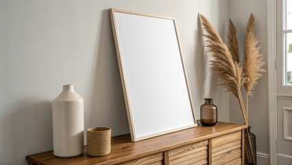 Stylish neutral-toned corner with a blank wooden frame, dried pampas grass, ceramic vases, and natural textures on wooden furniture.