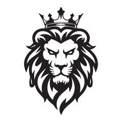 lion head with crown, king lion. crown on lion head logotype vector silhouette isolated on white background