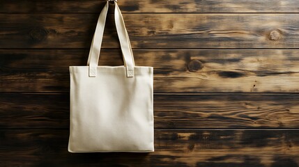 Blank Tote Bag Hanging on Rustic Wooden Wall: Eco-Friendly Shopping Bag Mockup