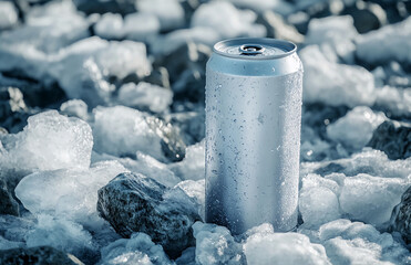 A silver can with water droplets surrounded by ice chunks in a cool toned outdoor setting scene