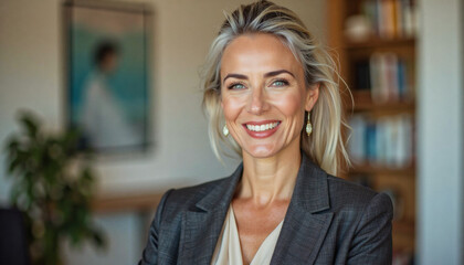 A portrait headshot photo of a friendly professional CEO executive business worker: A confident, mature woman with blonde hair smiles warmly while wearing a gray blazer and cream-colored top in a