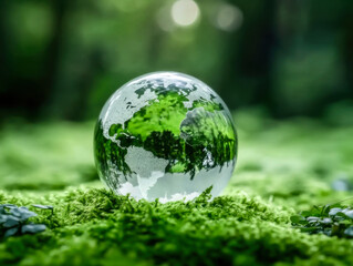 Crystal globe glass on green moss in forest to protect nature Save and care World for sustainable